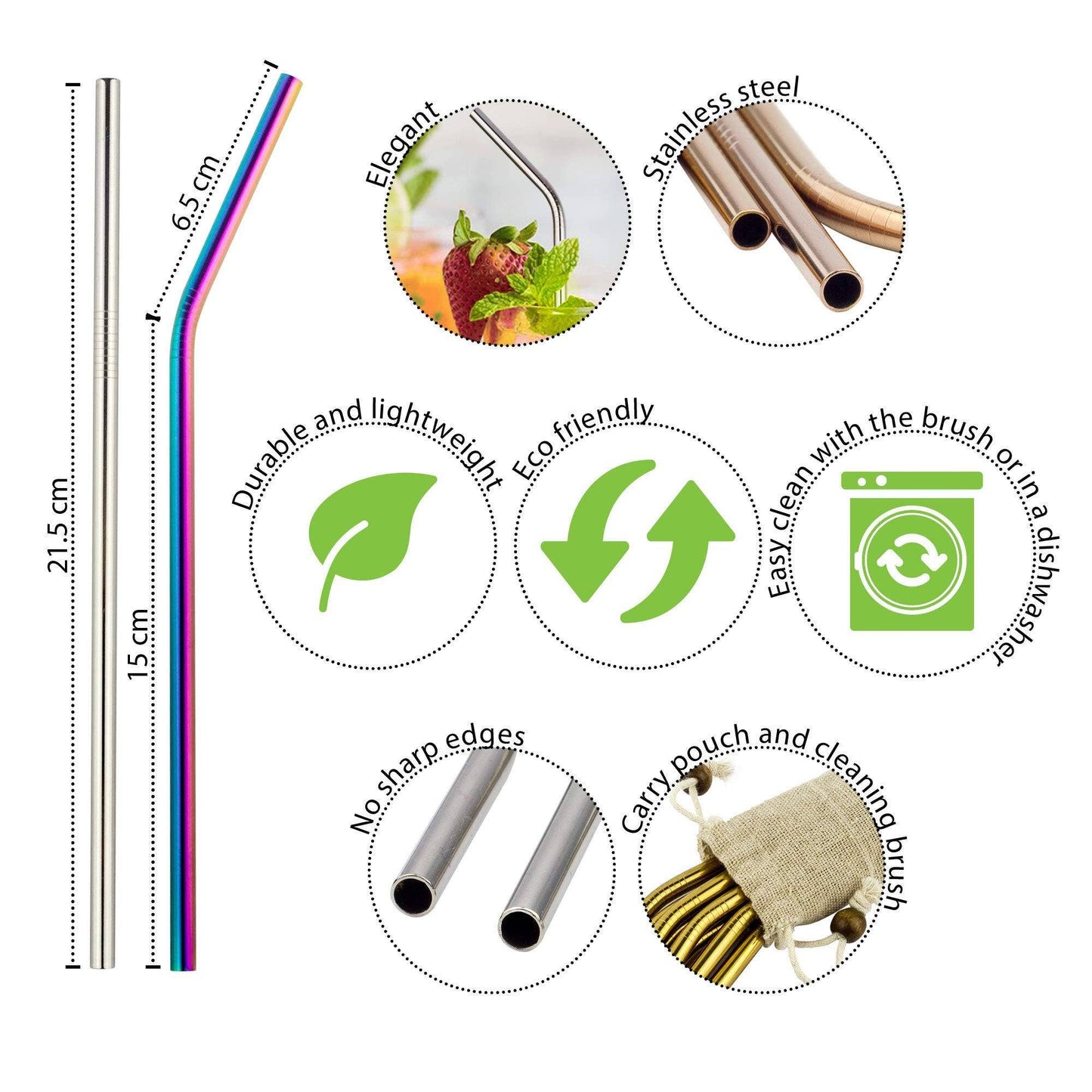 Reusable Metal Drinking Straws - Stainless Steel (Rainbow) - Eco Wonders